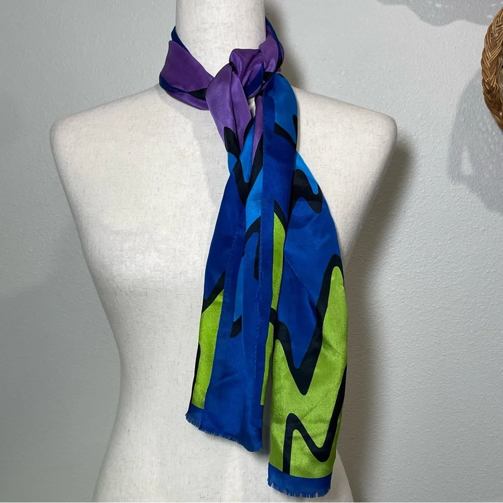 Vintage Oscar de la Renta Studio Silk Scarf Wave Pattern Green Blue Purple